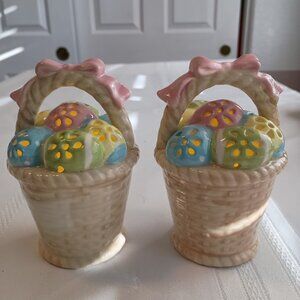 Set of 2 EASTER Ceramic Light up Basket holding Pastel Easter Eggs and Pink Bows